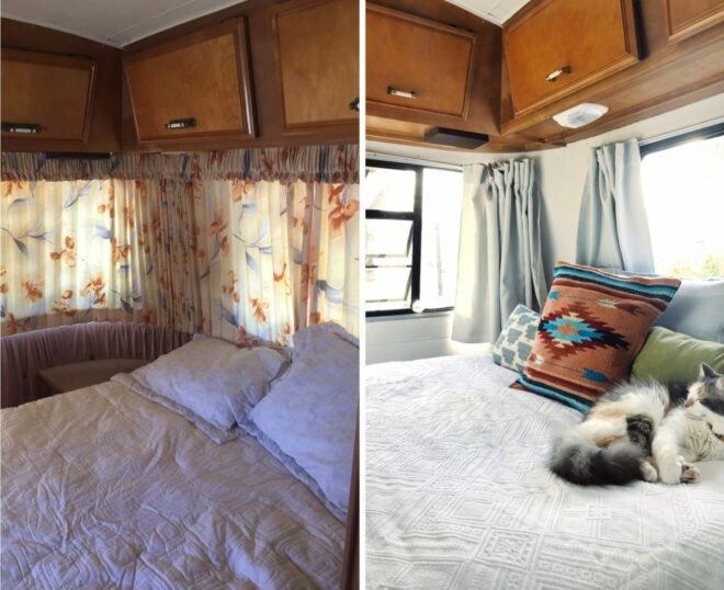 before and after shots of RV bedroom renovation
