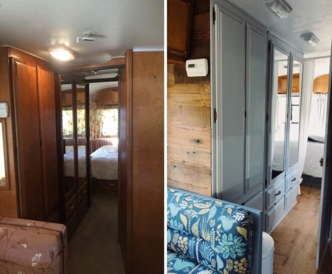 before and after shots of renovated RV interior from dark to bright with pops of blue decor