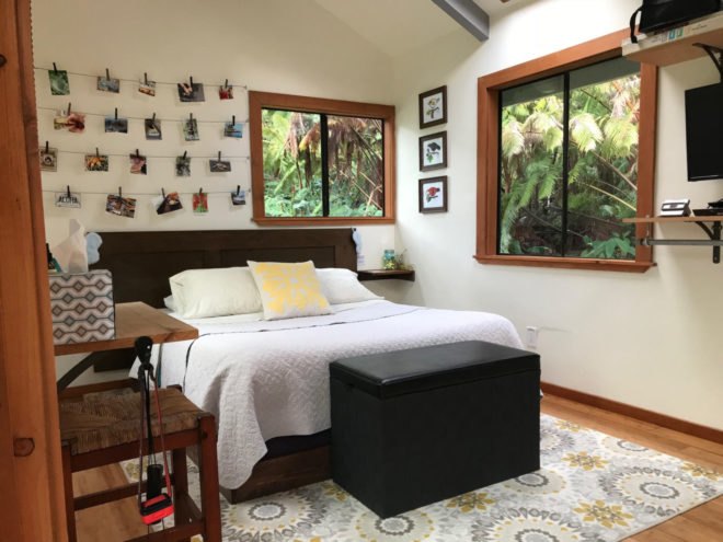 bedroom with white walls and large windows