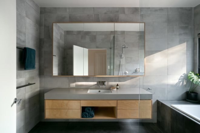bathroom with gray walls and dark gray floors