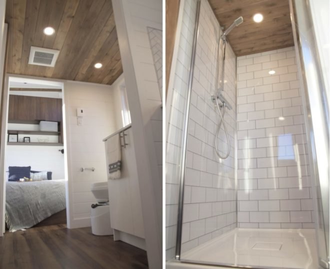 bathroom and shower stall with subway tiles