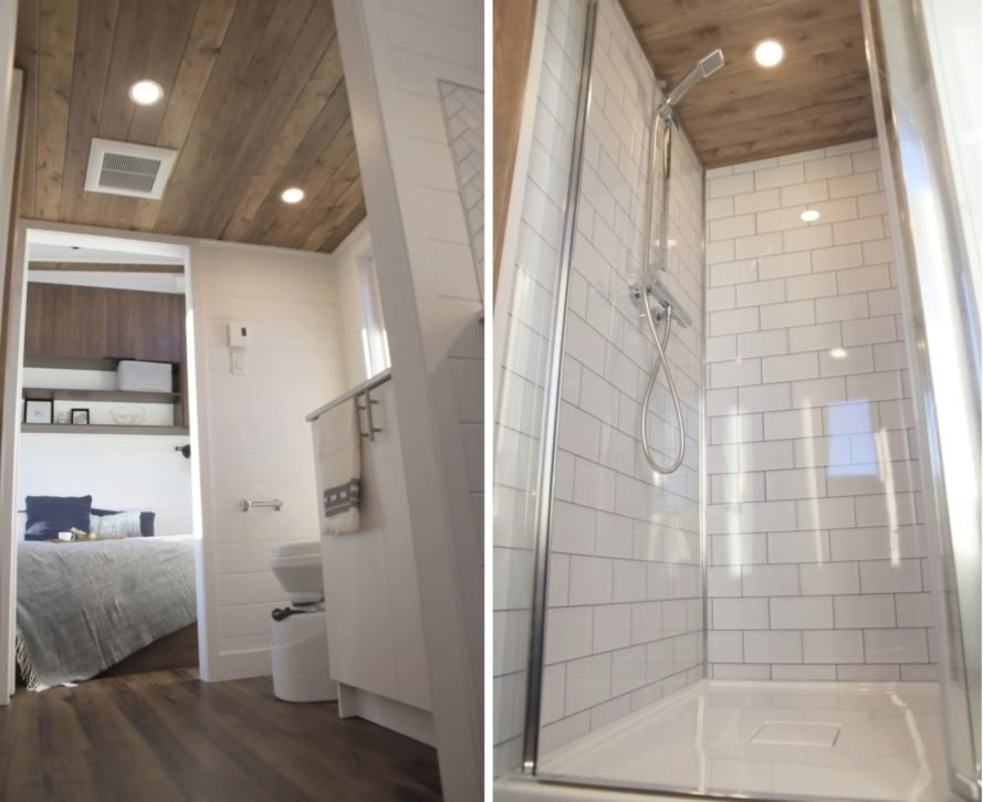 bathroom and shower stall with subway tiles