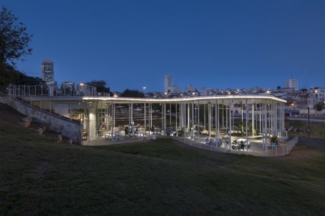 cafe with white pillars and roof in park