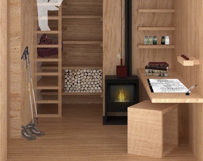 rendering of wood-lined cabin with wood-burning stove