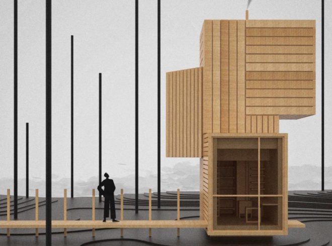 rendering of person on wooden path looking up at tall modular cabin built of wood