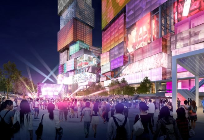 rendering of people standing looking up at towers covered in media screens on towers
