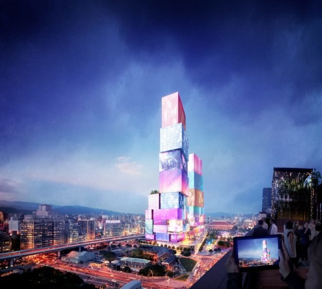 rendering of tower covered in media screens glowing at night