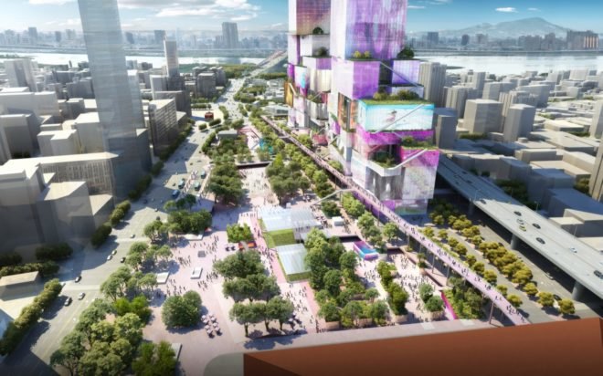 rendering of gardens beside skyscrapers