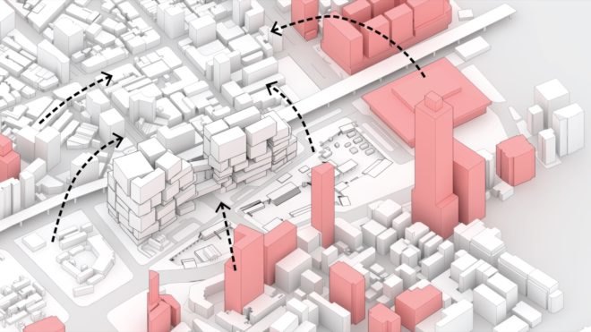 diagram of buildings and arrows