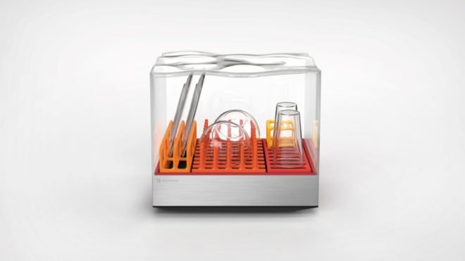 dishwasher with clear casing and orange racks