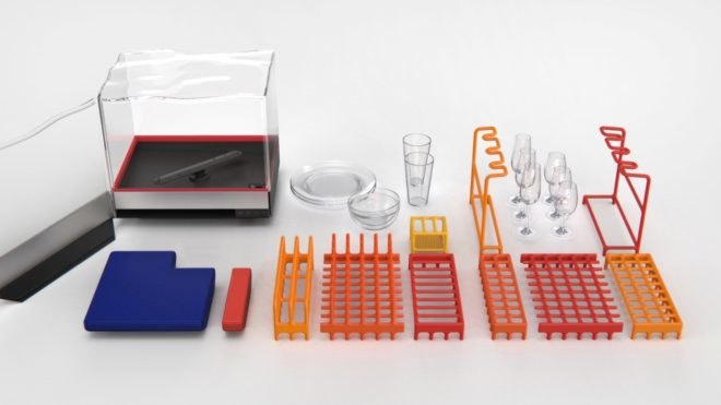 dishwasher components laid out on white background