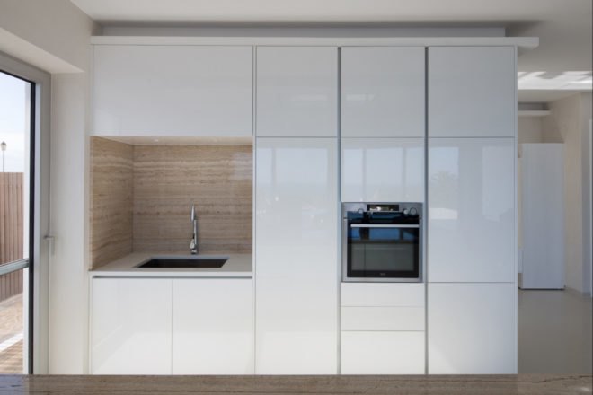 kitchen with glossy white cabinets