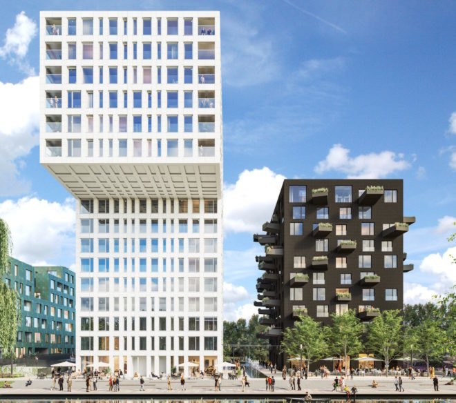 modern black and white buildings are near body of water with people enjoying leisure activities
