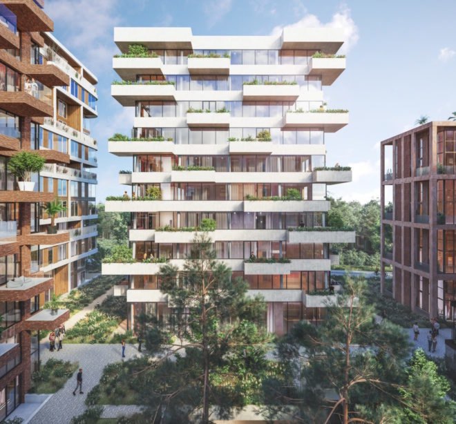 illustration of building with balconies on different floors surrounded by trees and plants