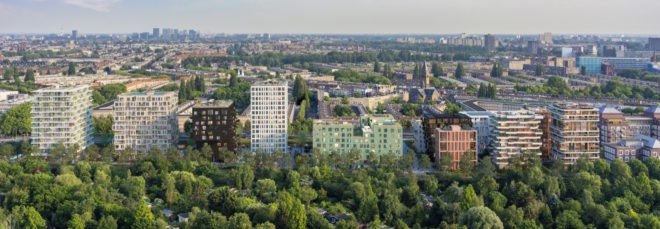 illustration of housing buildings surrounded by greenery and trees