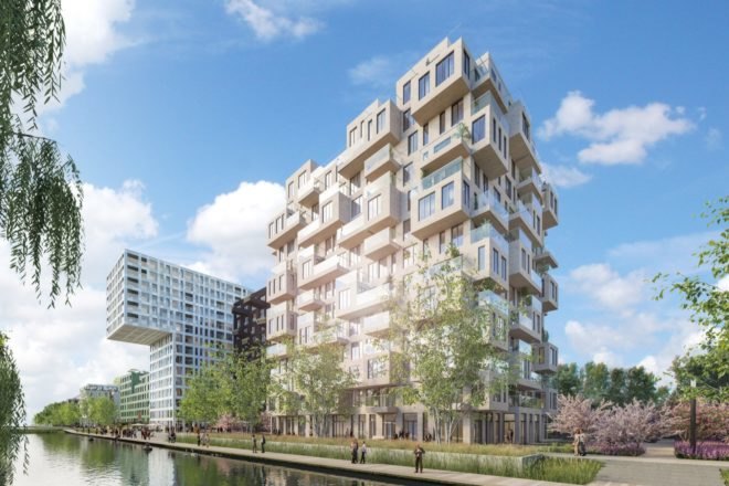 illustration of building with balconies on different floors surrounded by trees and plants near water.