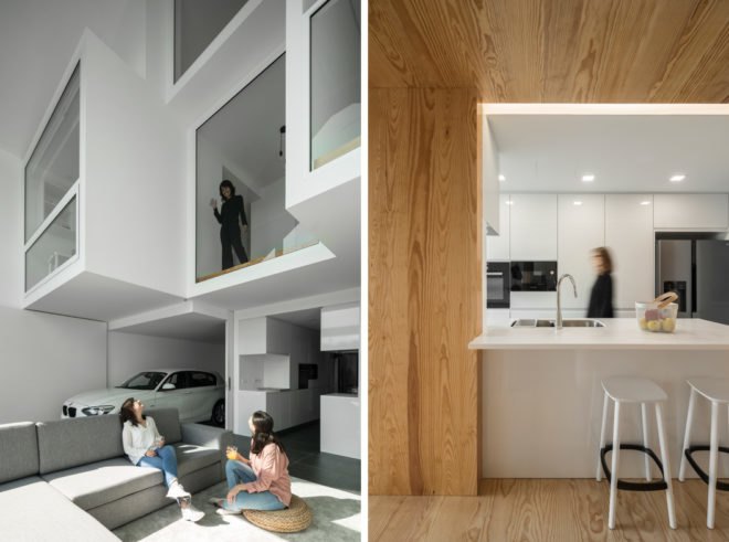 On the left, person standing by high window waving to people below. On the right, person in white and light wood kitchen space.