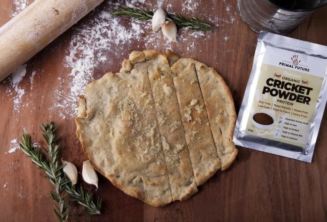 flatbread near packet of cricket protein powder