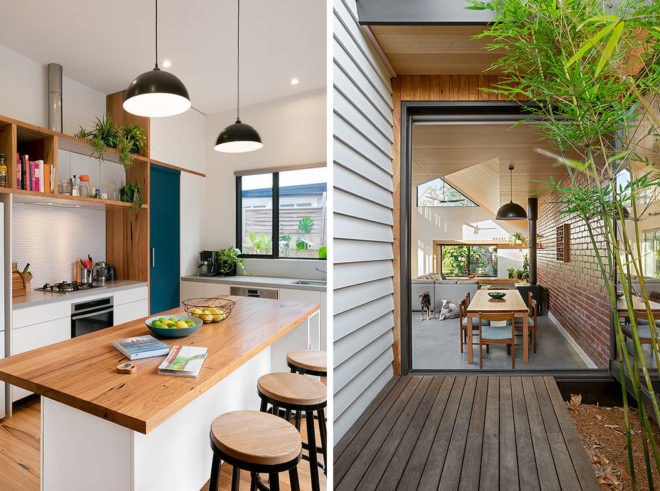 On the left, kitchen with wood island. On the right, wood deck leading to dining area through large glass door