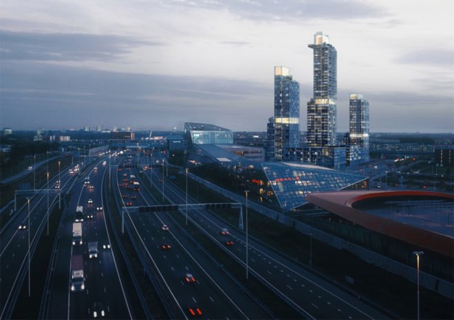 rendering of highway and three skyscrapers in the distance