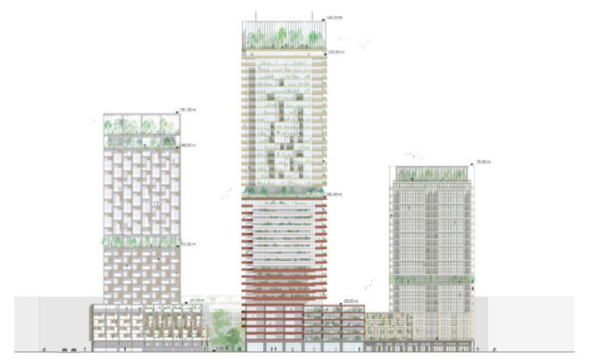 section view of three high-rise towers