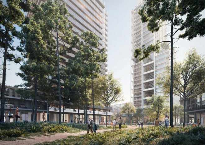 rendering of people walking through leafy area with tall towers ahead of them