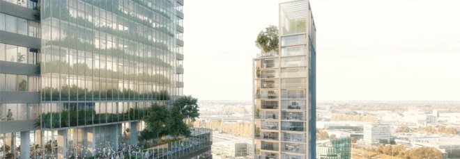 rendering of tall towers in a city