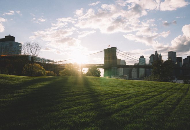 grassy park with view of Brooklyn Bridge