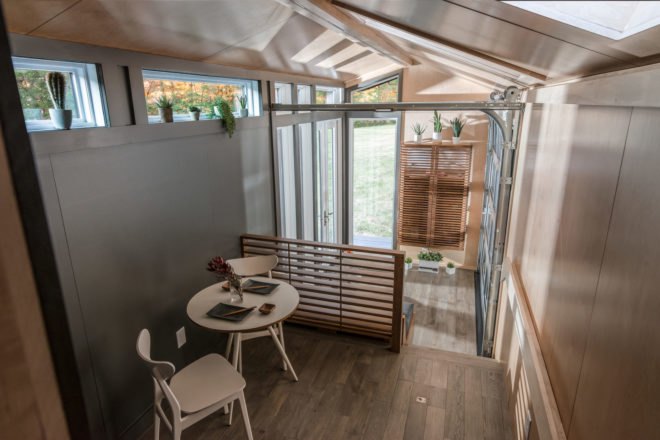 tiny home interior with gray walls and light wood accents