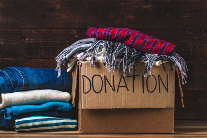 donation cardboard box with items inside