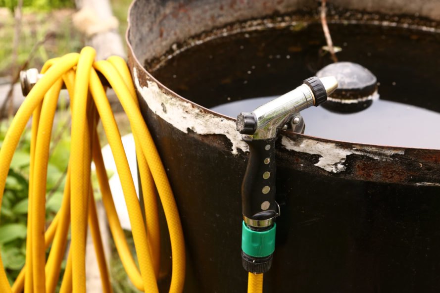 collected rainwater with yellow hose connected to container