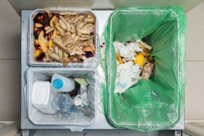 cans for trash, recycling and compostables