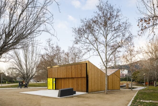 wood classroom building in a park