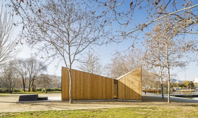 timber building with sharp angled roofs