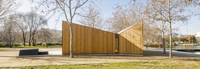 timber building with sharp angled roofs