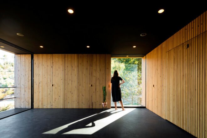 woman's figure in front of window of dark timber room