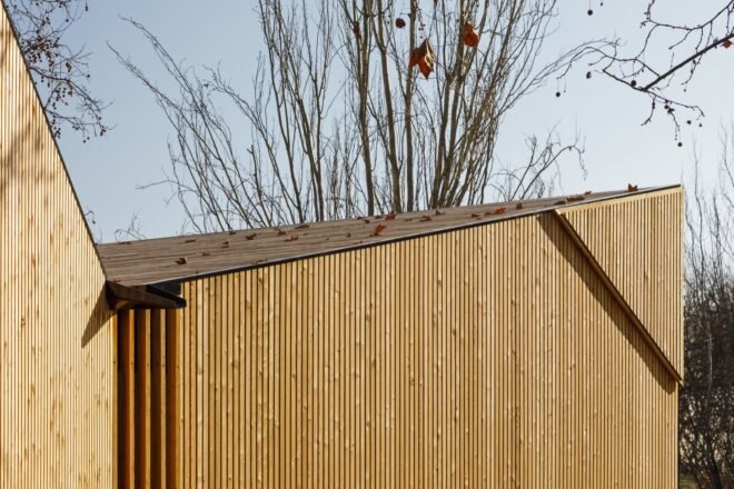 sloped roofs on timber building