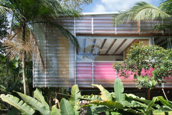 home exterior with colorful window shades