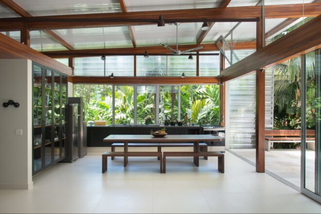 interior dining room with long wooden table