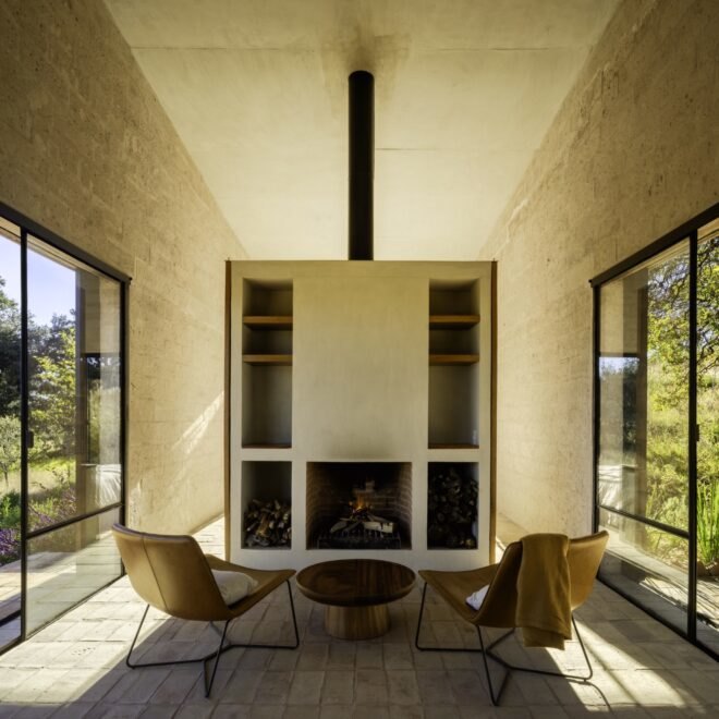 two chairs facing a shelving unit and fireplace