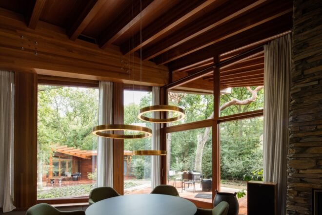 interior of home with wood floors, ceilings and beams