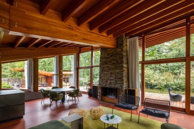 interior of home with wood floors, ceilings and beams