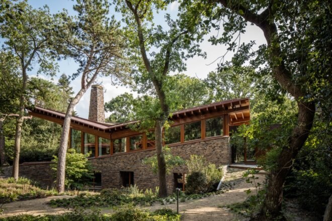 home and winding driveway surrounded by greenery