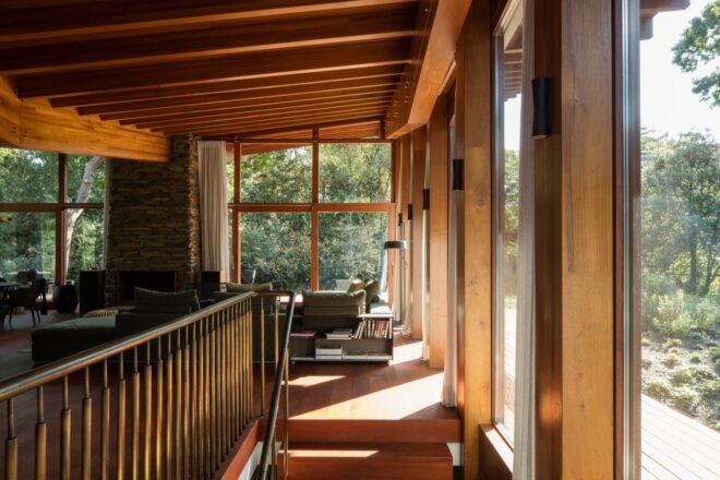 interior of home with wood floors, ceilings and beams