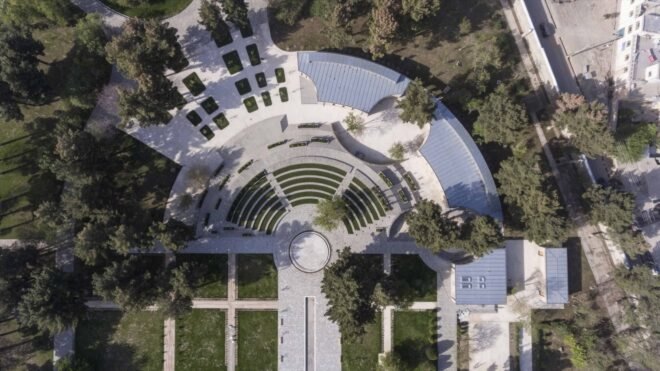 aerial view of gardens and buildings