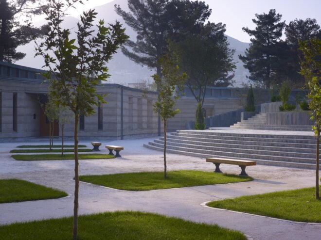 walkways and green spaces in a park
