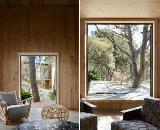 wood-lined room with large windows revealing forest views