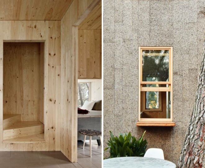 a cork-clad structure with windows and a room lined with wood