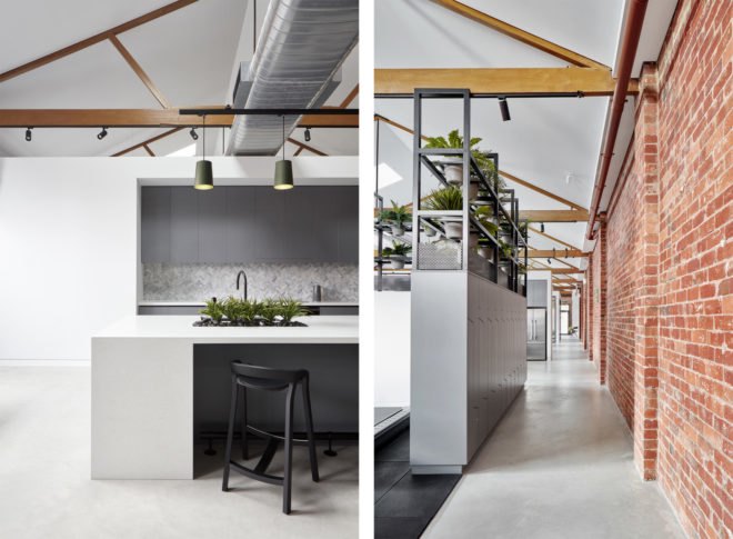 brick and white walls in the interior of the warehouse with metal furnishings