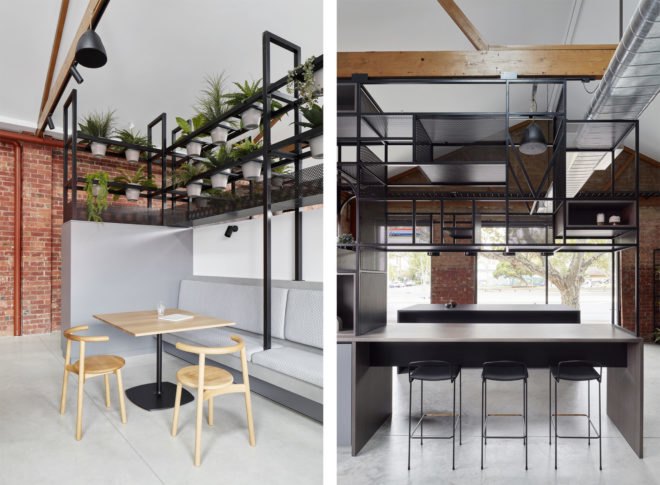 brick and white walls in the interior of the warehouse with metal furnishings